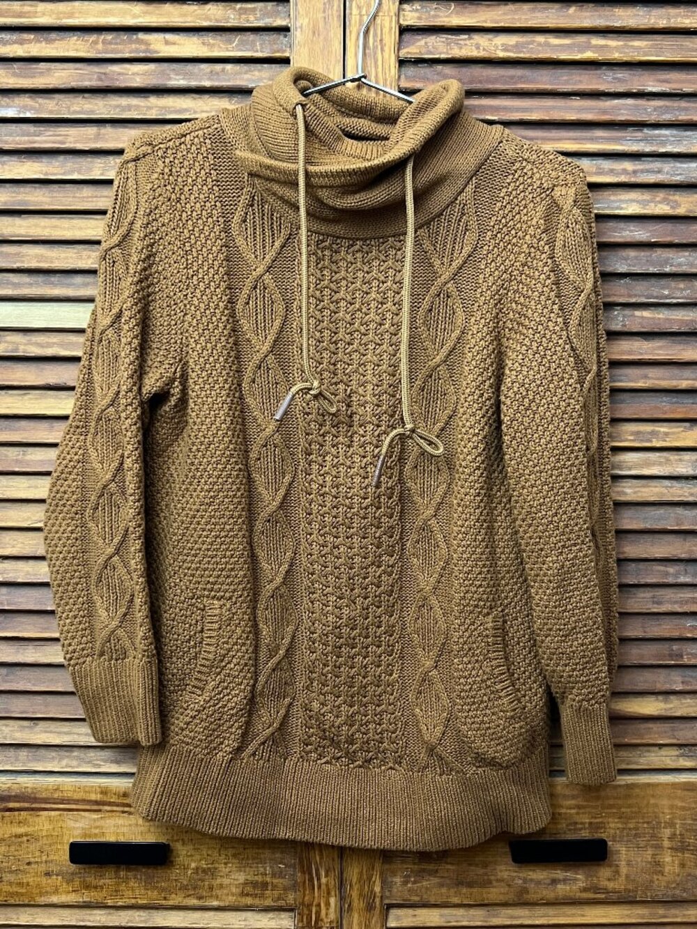 L.L. Bean cable knit cowl neck sweater, light umber, medium